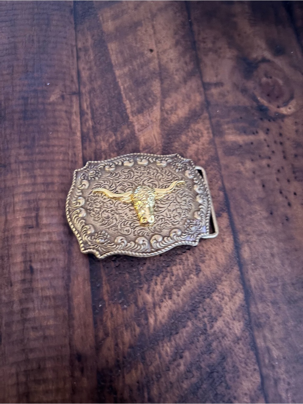 Western Longhorn Floral Metal Belt Buckle - Gold Tone